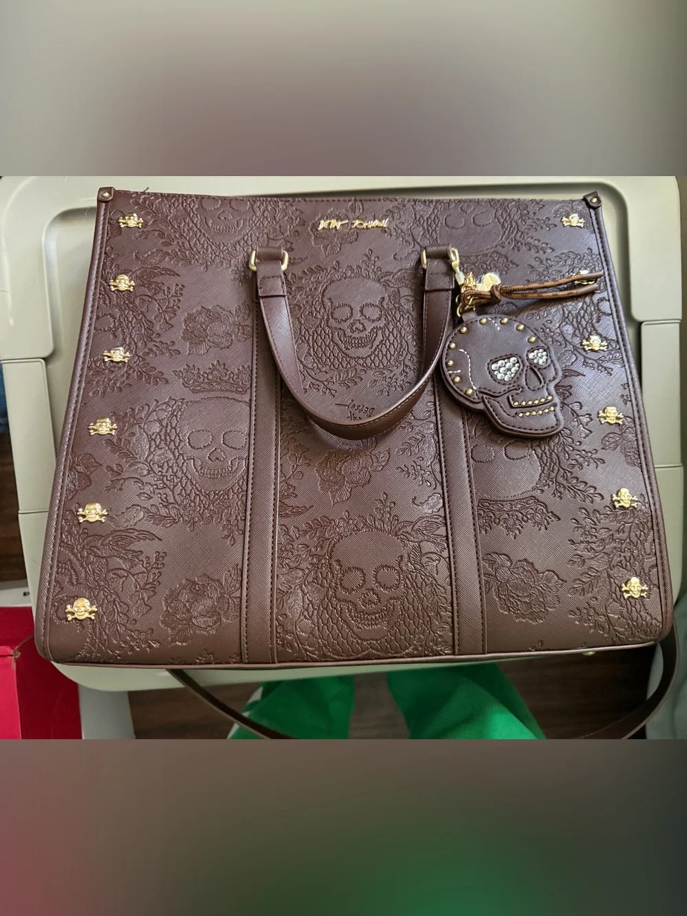 Betsey Johnson Brown Embossed Skull Tote with Gold Accents - Picture 1 of 3
